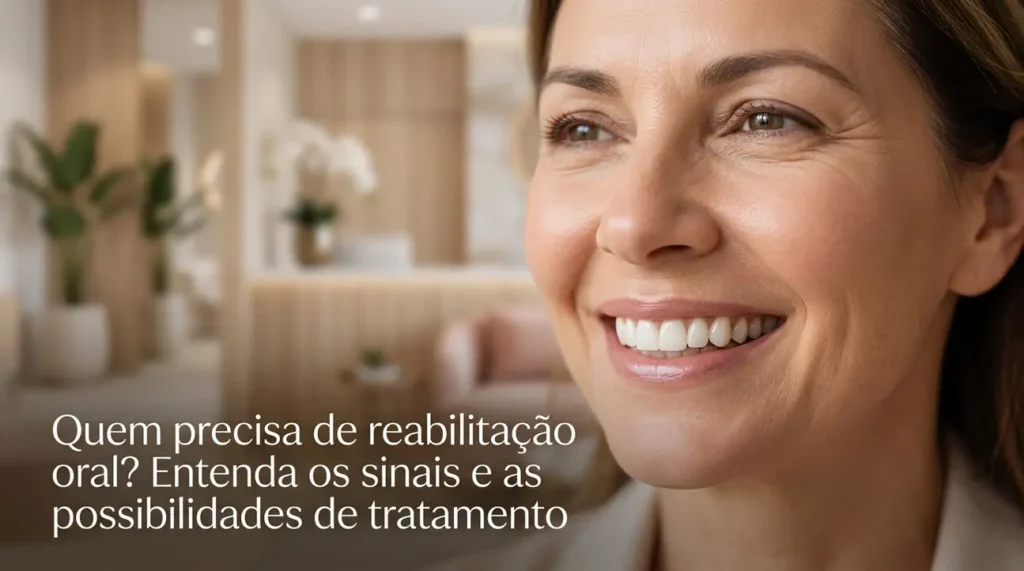 Paciente com sorriso saudável após reabilitação oral na Pommerdent