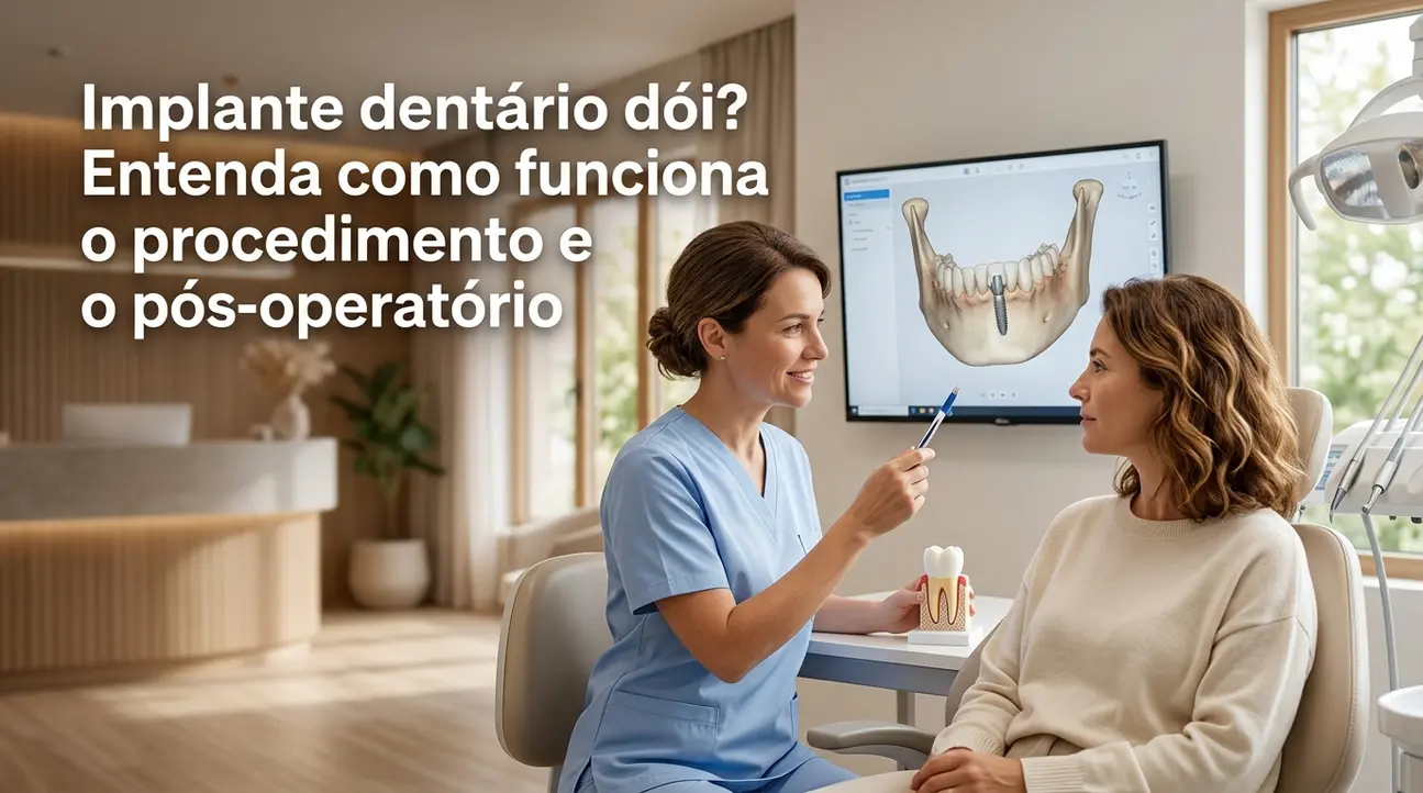 Implante dentário dói — conversa entre dentista e paciente sobre o procedimento e pós-operatório